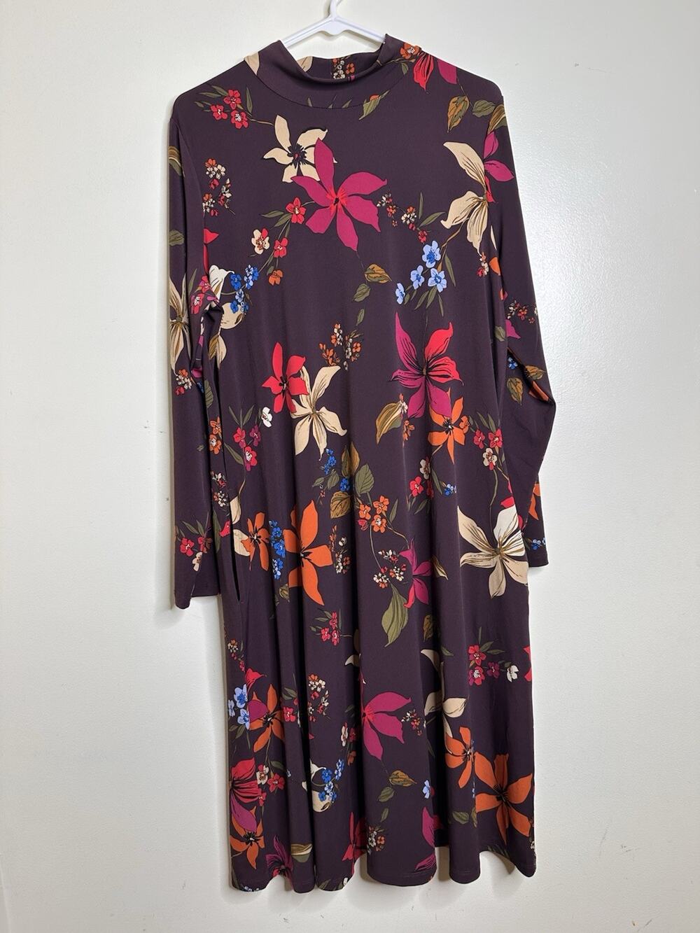 Susan Graver Size Large Liquid Knit A-Line Long Sleeve Mock Neck Dress Floral